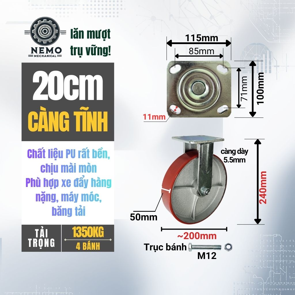 Bánh Xe PU Lõi Sắt Tải Nặng – Khung Càng Thép 5.5mm (D100, D125, D150, D200)